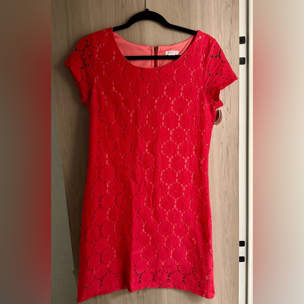 Vibrant Coral Lace Overlay Dress